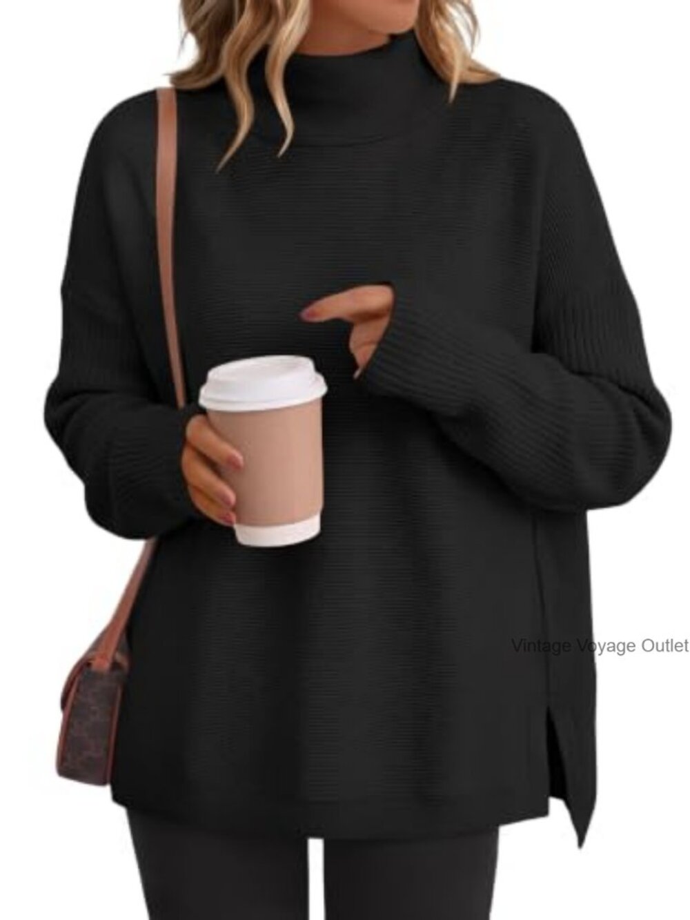 Mock Turtleneck Oversized Long Tunic Sweater Batwing Sleeve Pullover